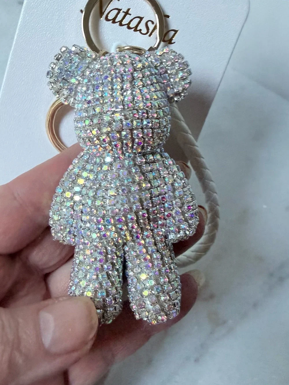 Natasha Couture White Braided Strap Crystal Teddy Bear Keychain